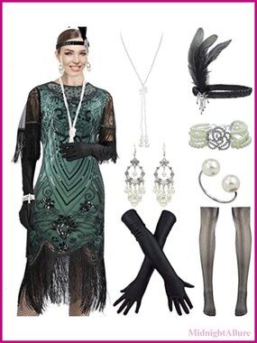 1920s Flapper Sequin Dress with Lace Neck, Long Sleeve, Gatsby Costume Set